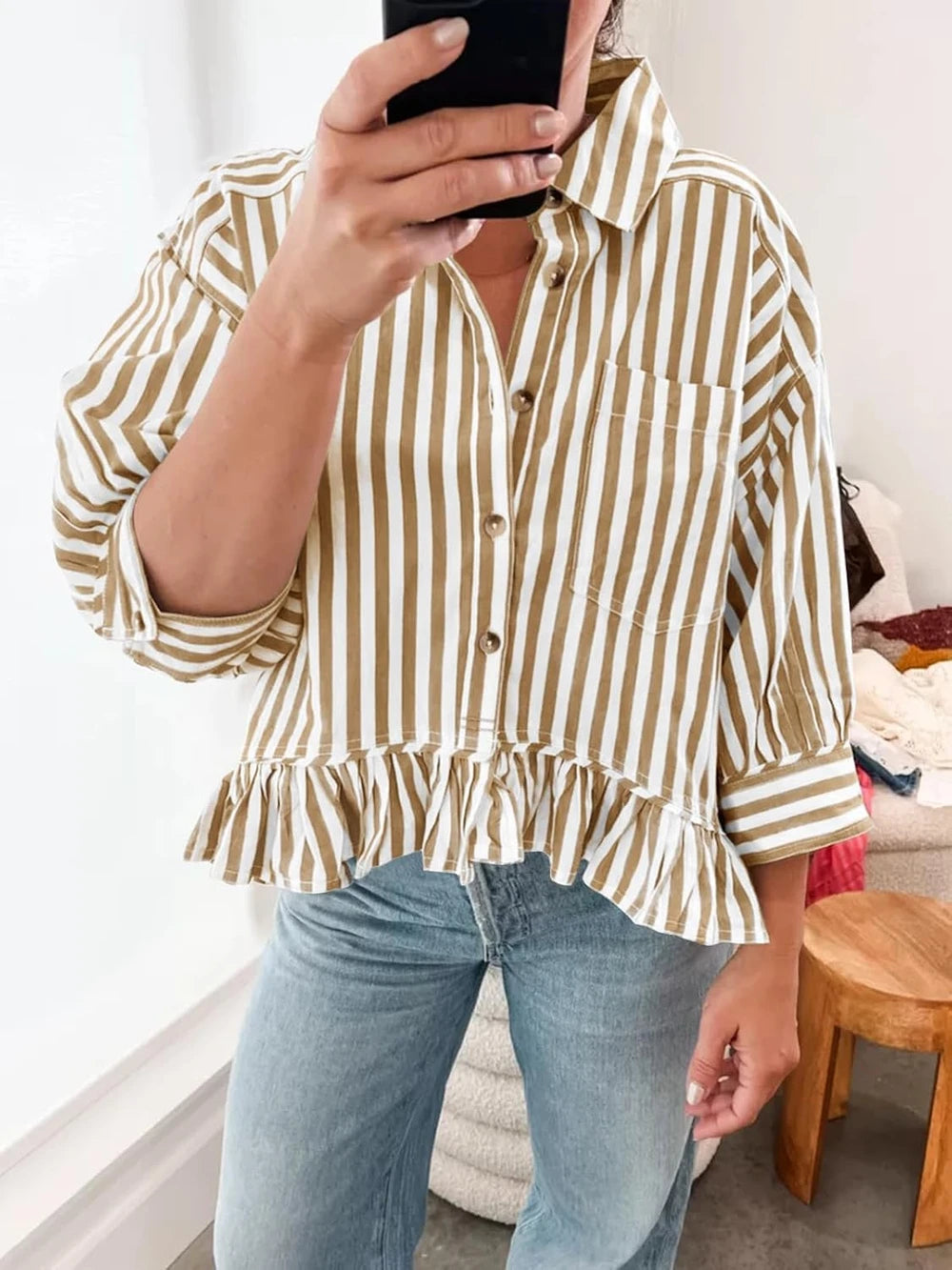 Cicy Bell Striped Crop Button Shirt