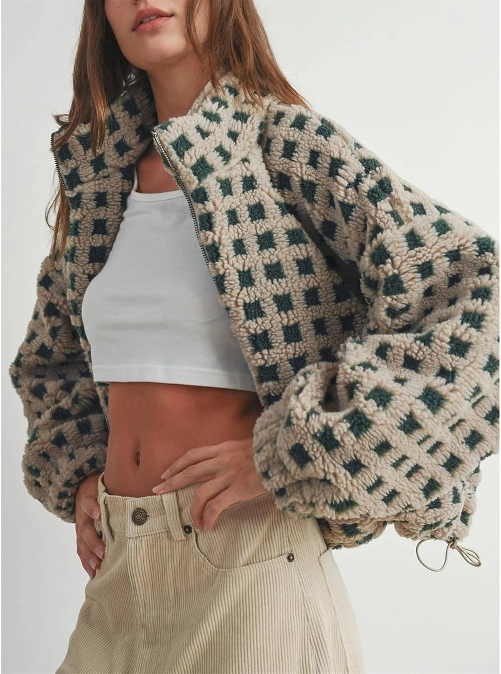 Checkered Sherpa Fleece Cropped Jacket