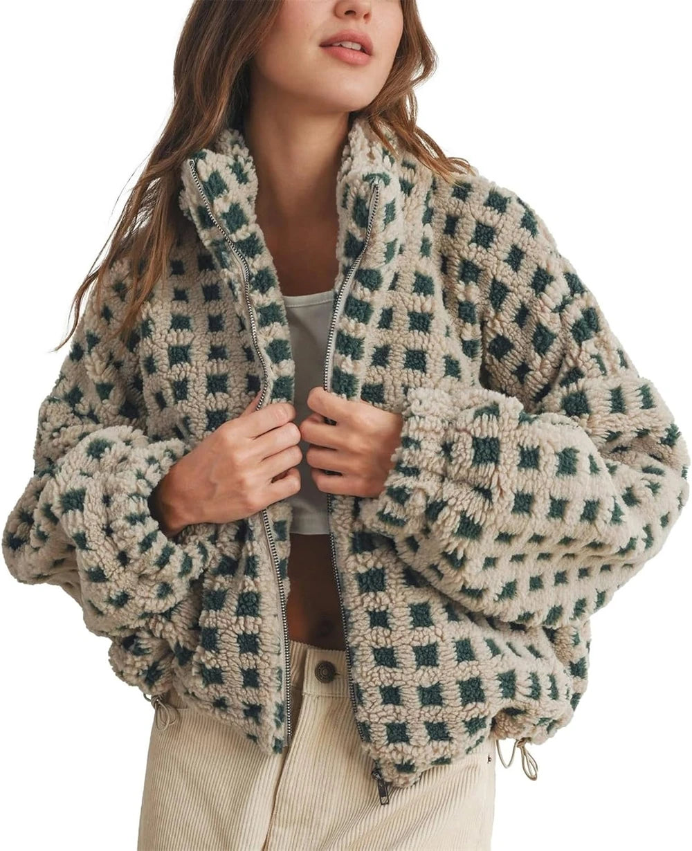 Checkered Sherpa Fleece Cropped Jacket