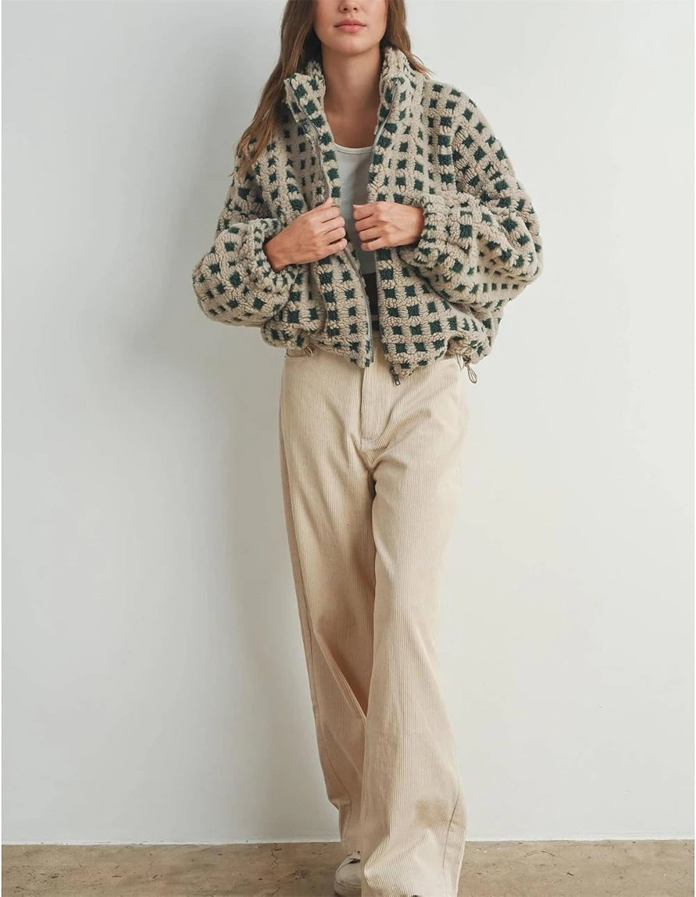 Checkered Sherpa Fleece Cropped Jacket