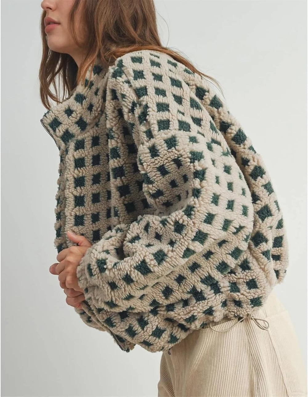 Checkered Sherpa Fleece Cropped Jacket