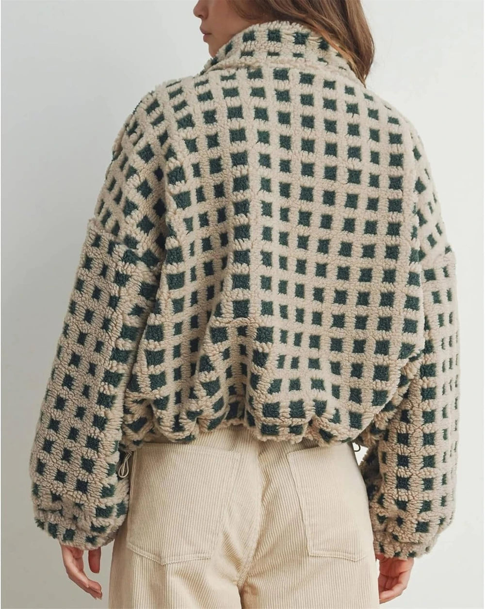 Checkered Sherpa Fleece Cropped Jacket