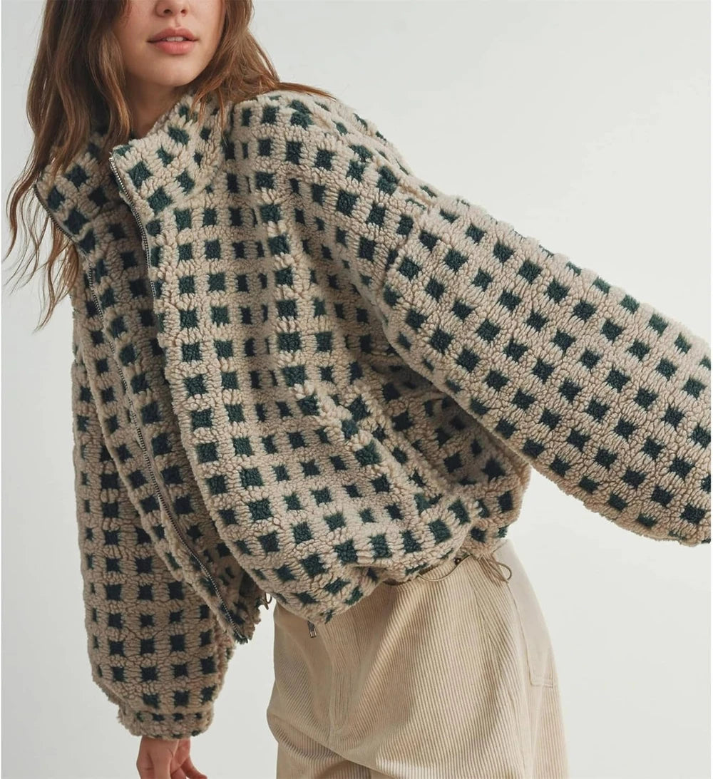 Checkered Sherpa Fleece Cropped Jacket