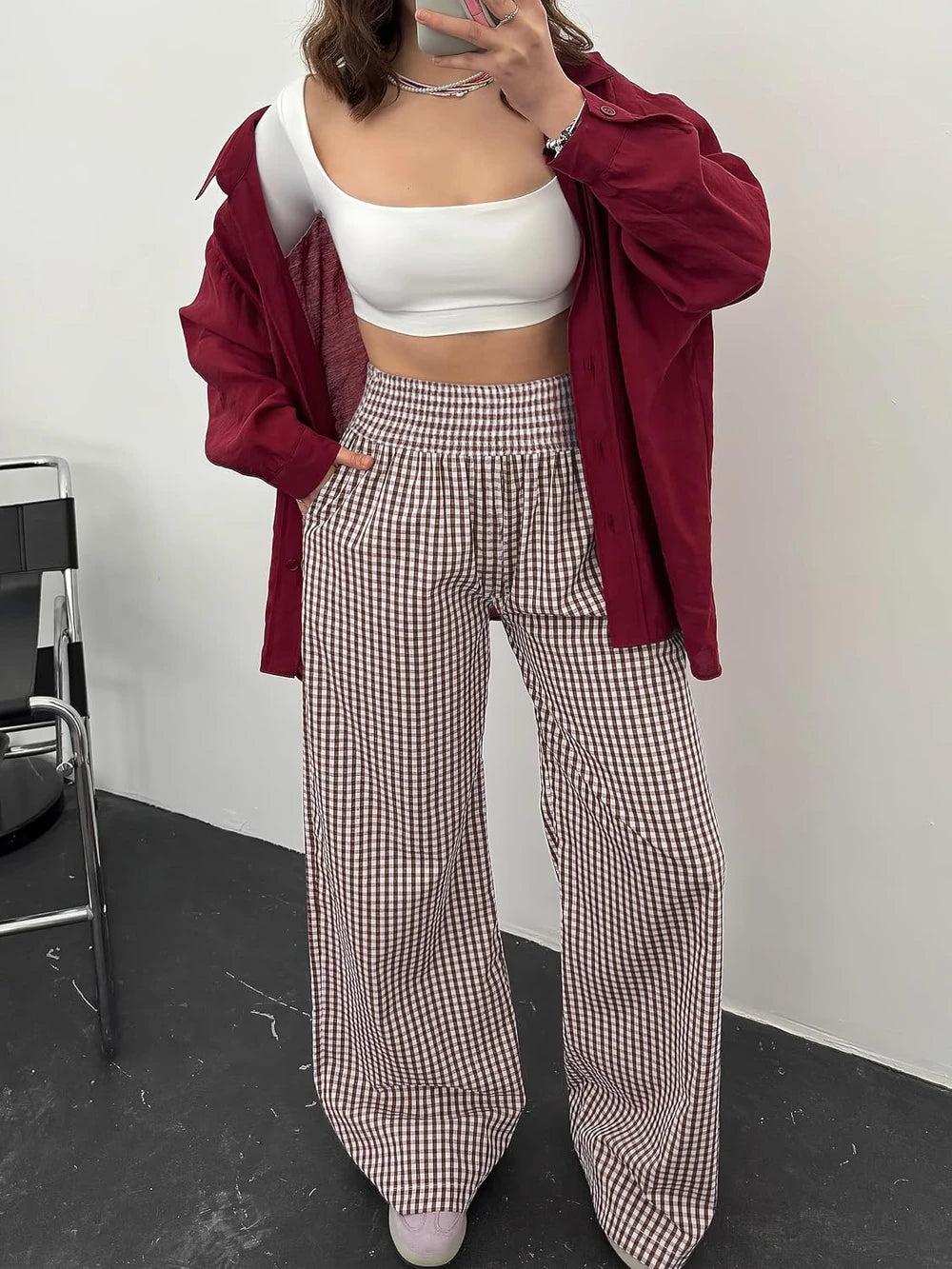Womens Striped Plaid Palazzo Pants