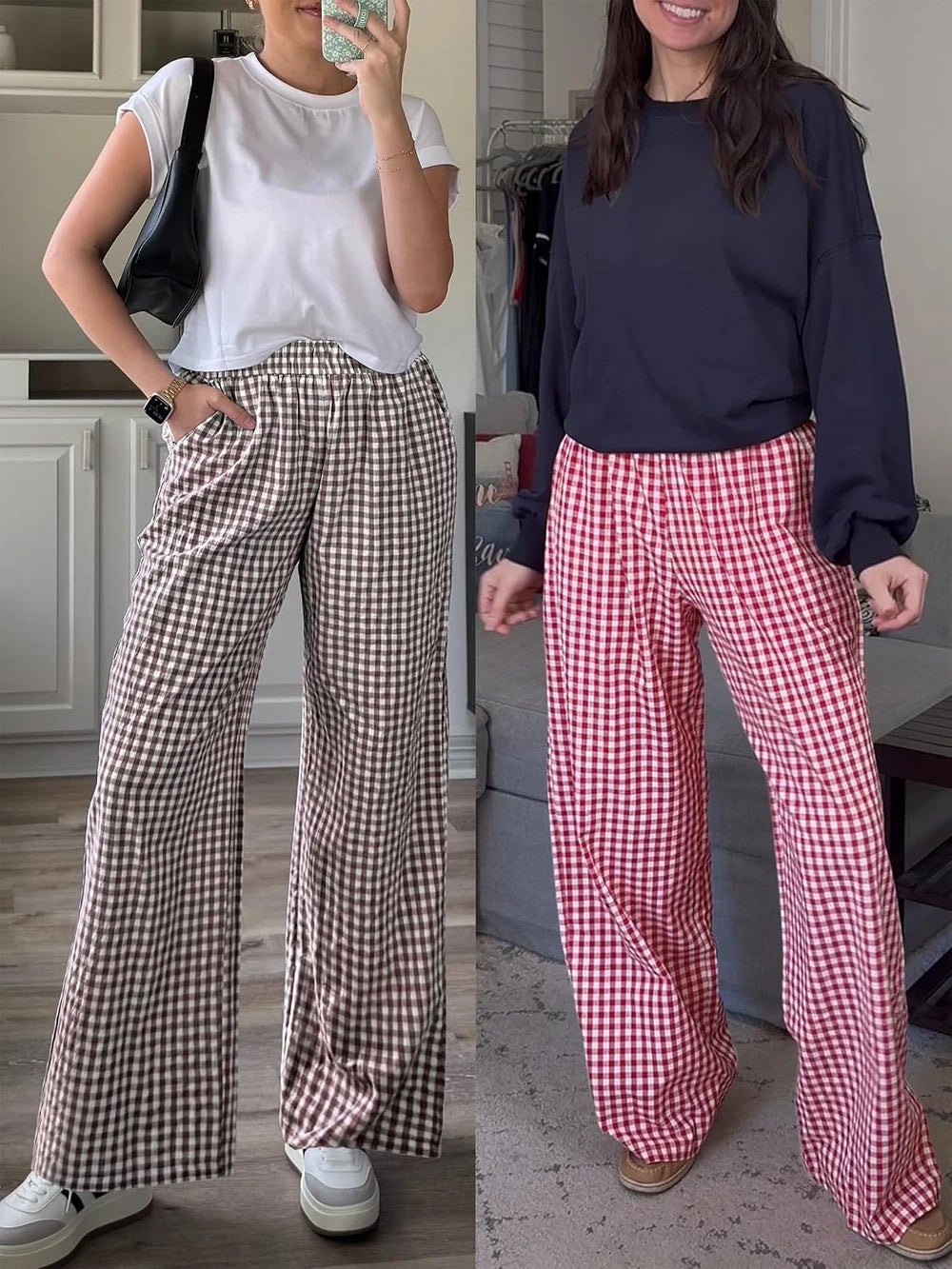 Womens Striped Plaid Palazzo Pants